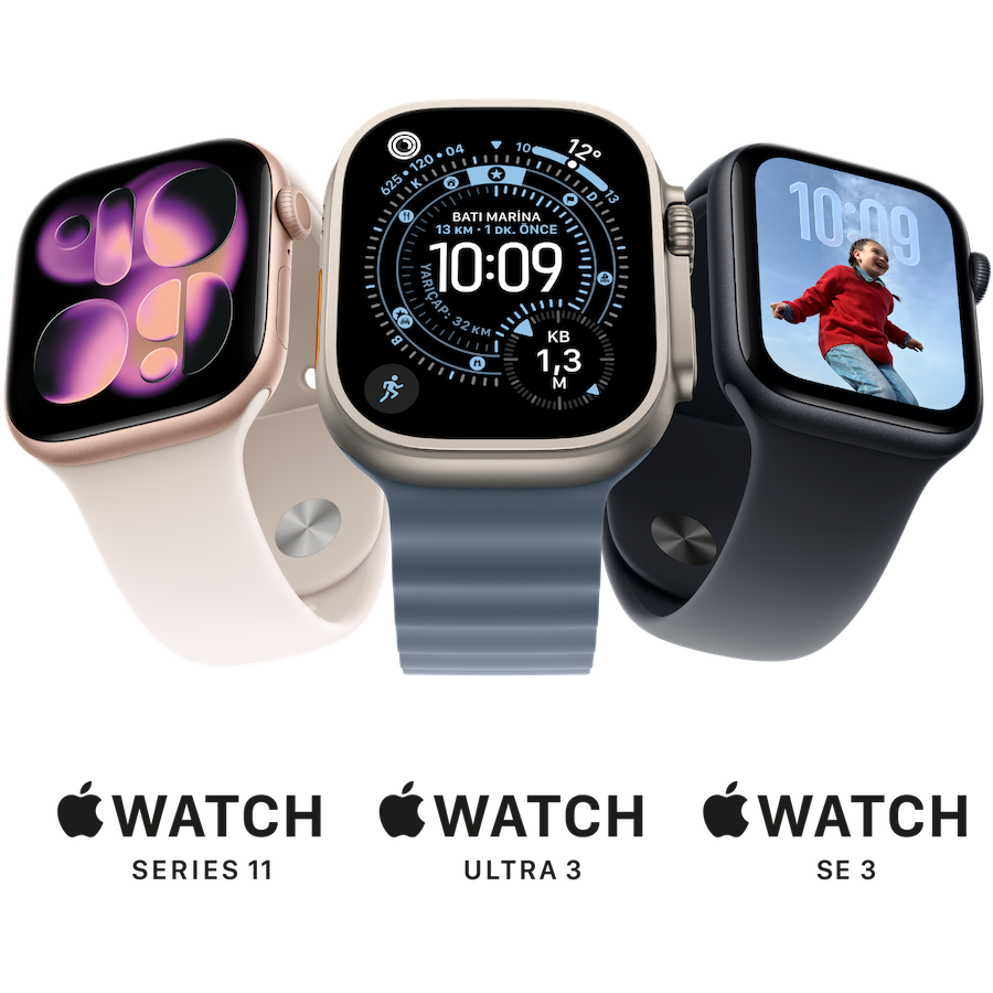 Apple Watch Series 11, purple fog color Sport band, silver aluminum case, multicolored stars and dots in background